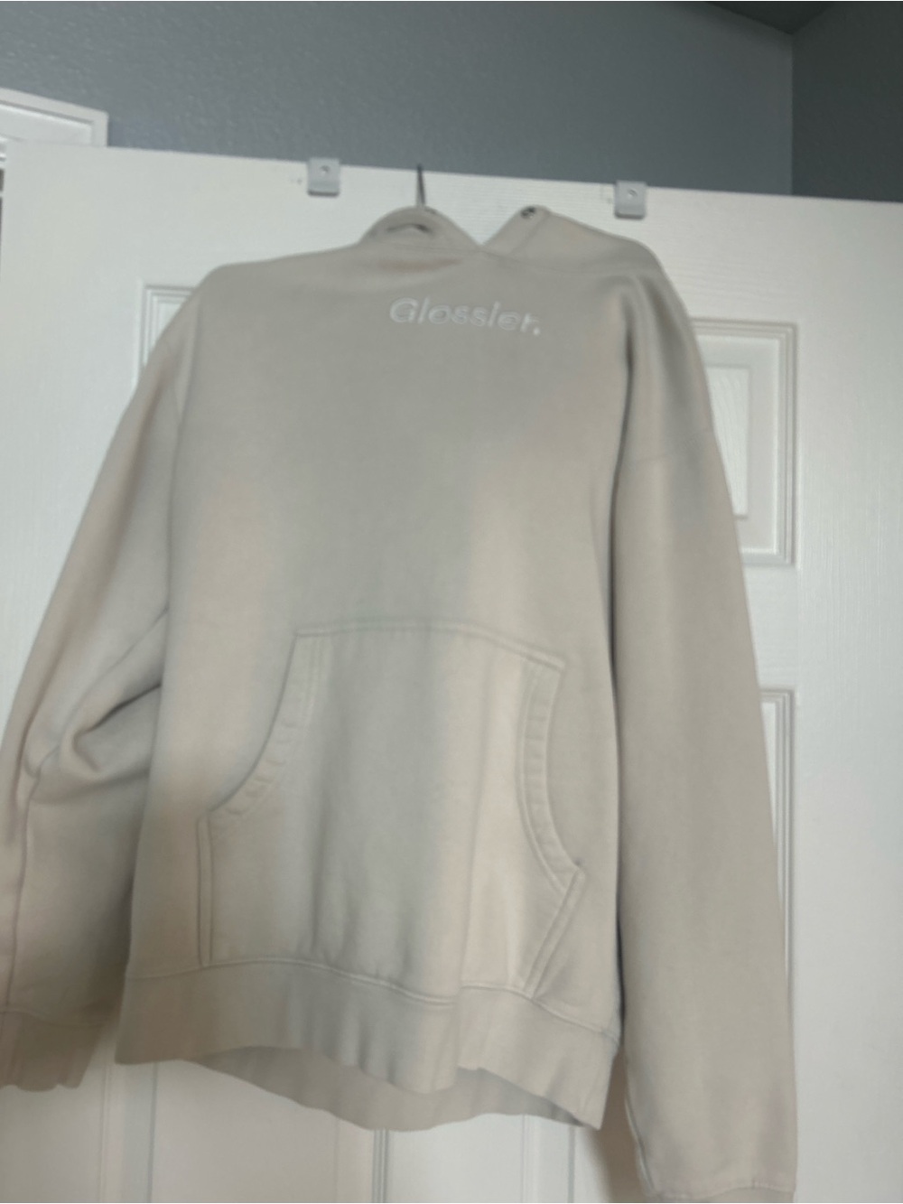 Glossier Beige Oversized Hoodie Size Small Minimal Cozy Sweatshirt - Picture 2 of 2